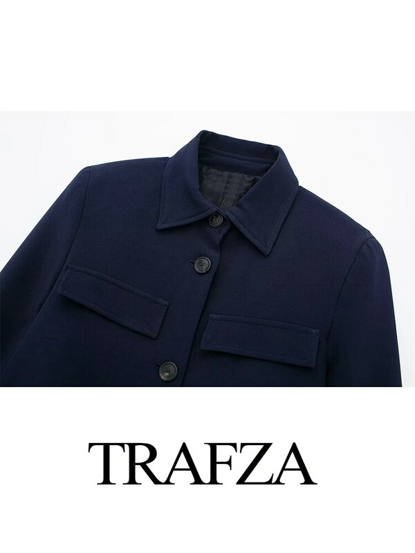 TRAFZA 여성용 스트리트웨어 짧은 재킷, 턴다운 칼라, 긴팔, 페이크 포켓, 싱글 브레스트, 용수철 코트, 트렌디