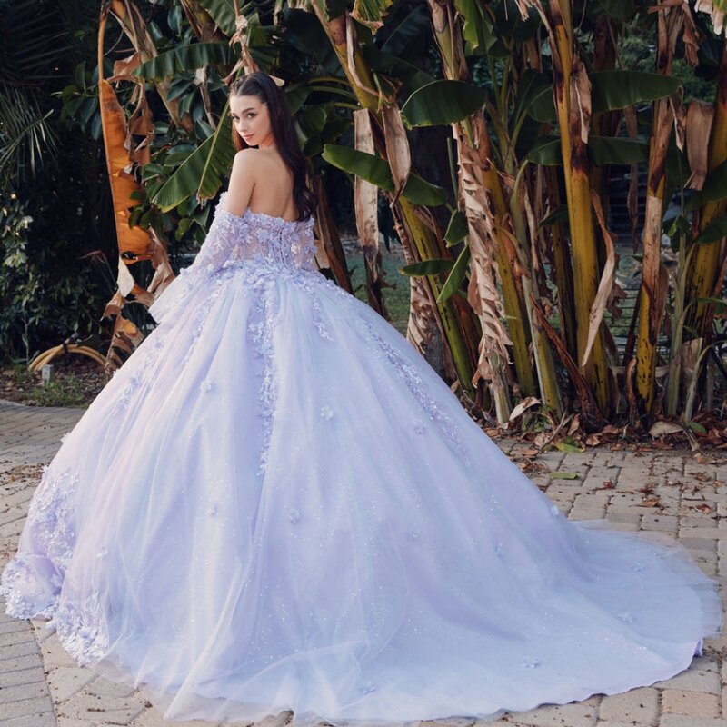 Gaun Prom leher Sweetheart ungu Quinceanrra applique indah bunga 3D putri panjang Glitter manis 16 gaun Vestidos