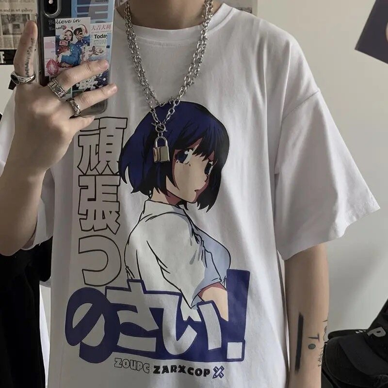 Kaus oblong grafis kartun gaya Jepang atasan T-shirt putih Wanita Mode jalanan Tinggi kaus lengan pendek Harajuku gadis Manga y2k