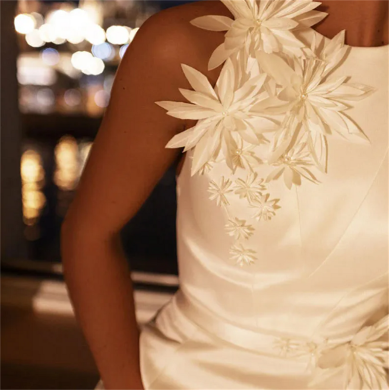 Romantic O Neck Wedding Dress  Flower Ball Gown Simple Beach Bridal Dresses Side Split Custom Made Vestidos Robe De Mariée