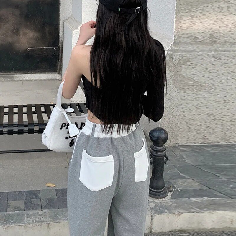 Tide High Street Gray Drawstring Ankle-Tied Casual Pants Women Y2k Summer 2023 High Waist Fashion Loose Straight Wide-Leg Pants