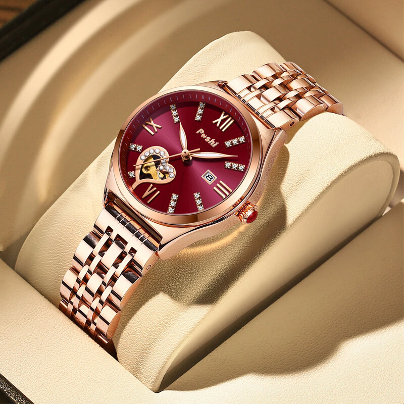 POSHI-relojes de acero inoxidable para mujer, reloj de pulsera con fecha, resistente al agua, regalo para novia, femenino