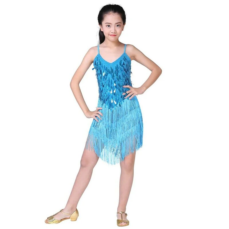 Kids Dance Dress Sequin Fringe Latin Dress Kids Competition Costume Girls Salsa Dancing Tassel Dress Girl's 5-18 Years