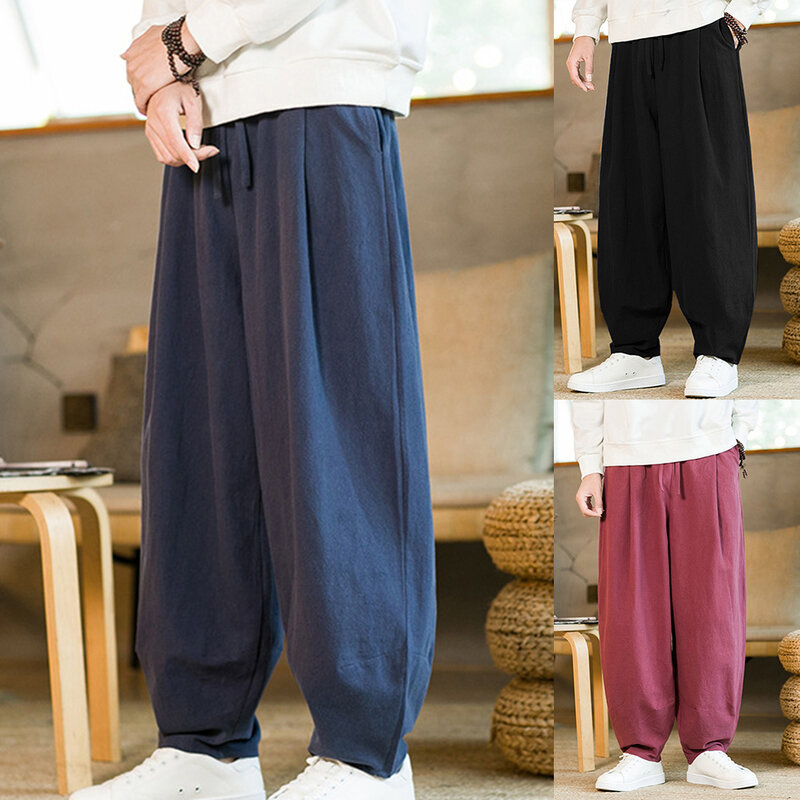 Pantalones anchos de algodón y lino para hombre, pantalón holgado informal, Color sólido, ajuste elástico, Invierno