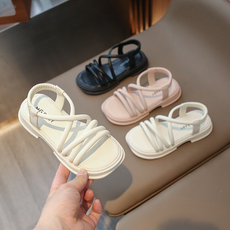 Solid document-Sandales à rayures pour filles, chaussures de plage souples et ouvertes, nouvelle mode, collection été 2024