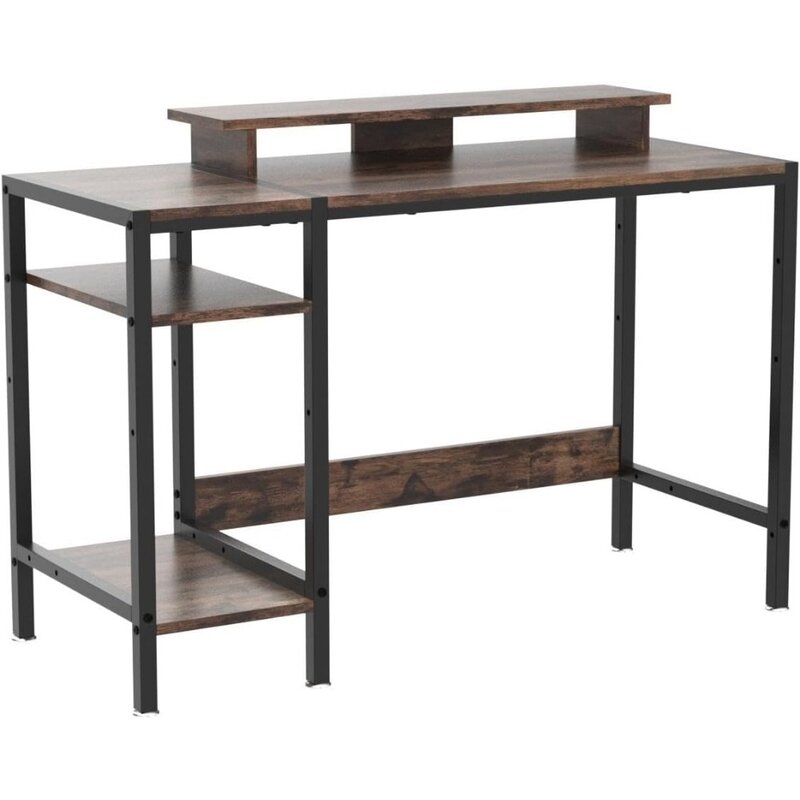 - 47” Home Office Small Desk with Monitor Stand, Rustic Writing Desk for 2 Monitors, Adjustable Storage Space, Modern Design