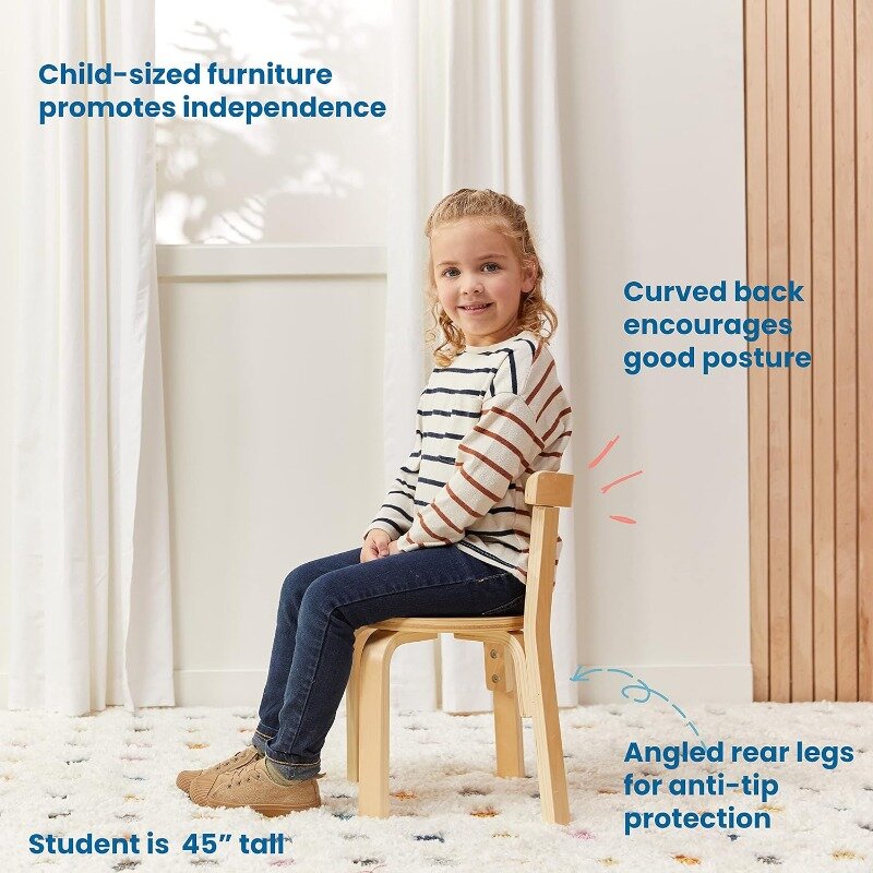 ECR4Kids Set kursi bulat kayu murni dan kursi belakang melengkung, furnitur anak-anak, alami, 5 potong