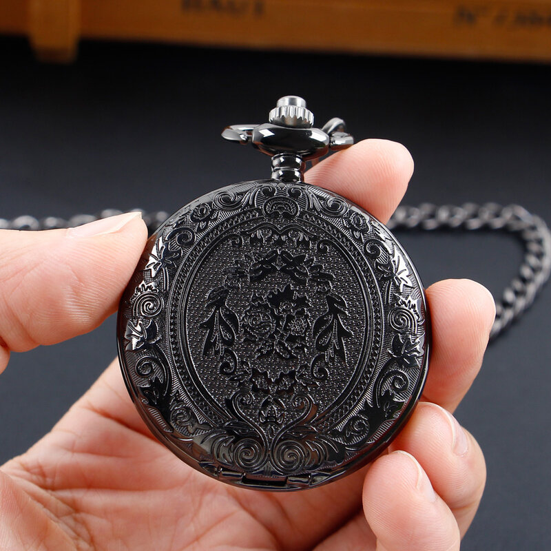 Черные модные ювелирные изделия дизайн ожерелье карманные часы для мужчин и женщин винтажные Все охотники кварцевые карманные часы на цепочке