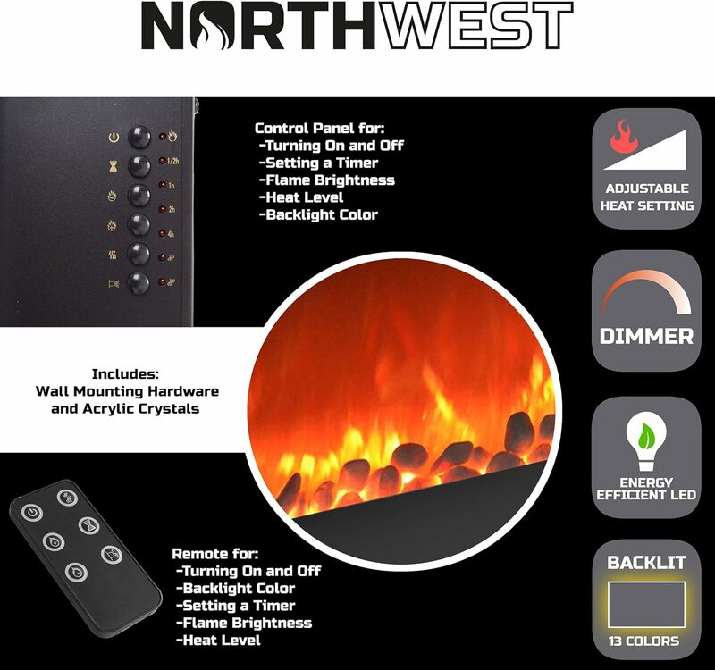 13 colori retroilluminati e fiamme LED telecomandate, calore e luminosità di nord-ovest (nero)