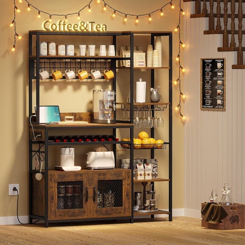 Bakers Rack with Power Outlet, Kitchen Microwave Stand Coffee Bar with Storage Shelf Cabinet Wire Basket Metal Grid Wine Rack
