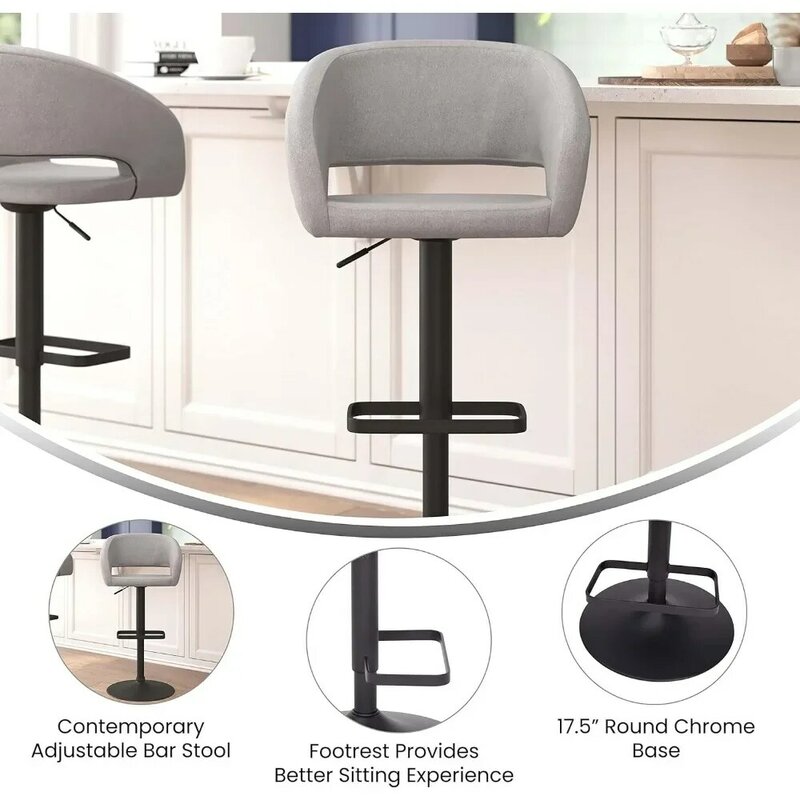 Wygodny i stylowy nowoczesny bar stołek z okrągłym środkowym oparciem i podnóżkiem, regulowana wysokość-szara tkanina, czarna podstawa