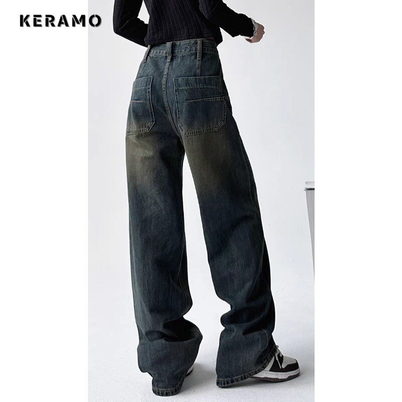 Jeans reto vintage americano de cintura alta para mulheres, calça folgada casual, calça jeans de perna larga Y2K, streetwear grunge, outono, 2023