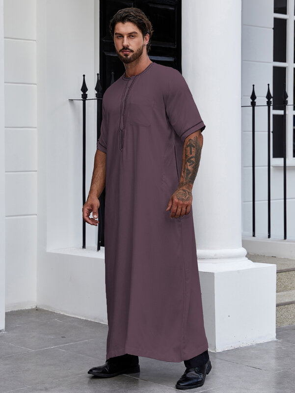 Ramadan abiti musulmani da uomo camicie Henley a maniche lunghe con tasca caftano Abaya islamico abito lungo arabo Thobe Robe per uomo