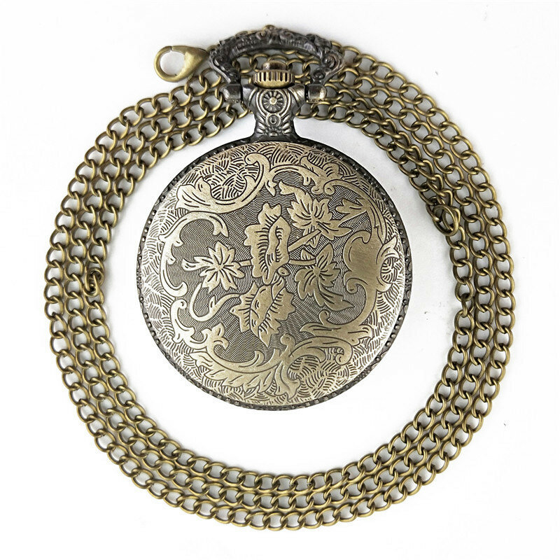 Reloj de bolsillo de cuarzo con estampado Vintage para hombres, mujeres y niños, cadena Fob, bronce, grabado láser, collar, tallado, colgante, 12