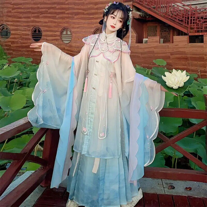 중국 스타일 한푸 드레스 세트, 여성 전통 우아한 꽃 자수, 요정 의상, 명나라 공주 의상