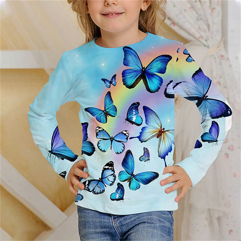 Tops con estampado de mariposa para niños y niñas, camiseta de manga larga para mujer, ropa de 2 a 6 años, camisetas de dibujos animados de moda