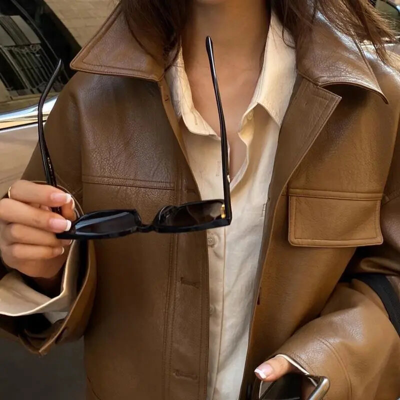 Y2k-女性用合成皮革ジャケット,クラシックなストリートウェアスタイルのコート,ポケット付きの襟,防寒着
