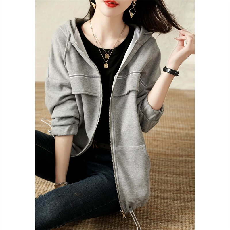 2022 Spring Sweater Women Hooded Cardigan Loose And Lazy Style All-match Fashion Jacket Female New Zipper Solid Color Coat Awch