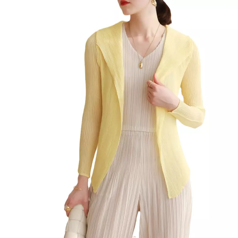 2024 Miyake High-end Pleated Jacket Mesh Shirt Ultra-thin Flowing Solid Sunscreen Sunshade Clothing Women Casual Spring Trip