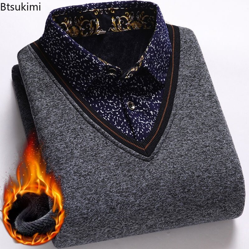 2024 maglione da uomo finta griglia a due pezzi addensare maglione caldo maschile lavorato a maglia Pullover solido maglione maglione sottile abbigliamento da uomo