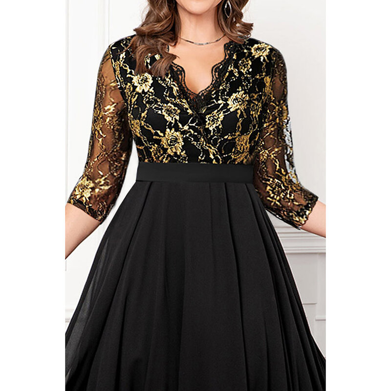 Plus rozmiar formalna czarna koronkowa szyta brązujący nadruk V Neck tunika sukienka do herbaty
