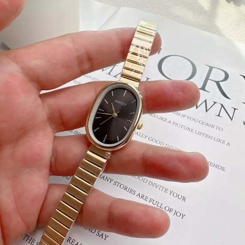 Jam tangan wanita bentuk Oval, arloji kuarsa tali paduan mewah untuk wanita, jam tangan kecil serbaguna gesper lipat 2023