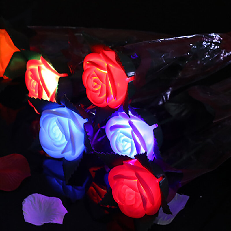 시뮬레이션 다채로운 장미 LED 발광 장미 꽃다발, 발렌타인 데이 선물, 어린이 휴일 선물, 홈 데코, 40x10cm
