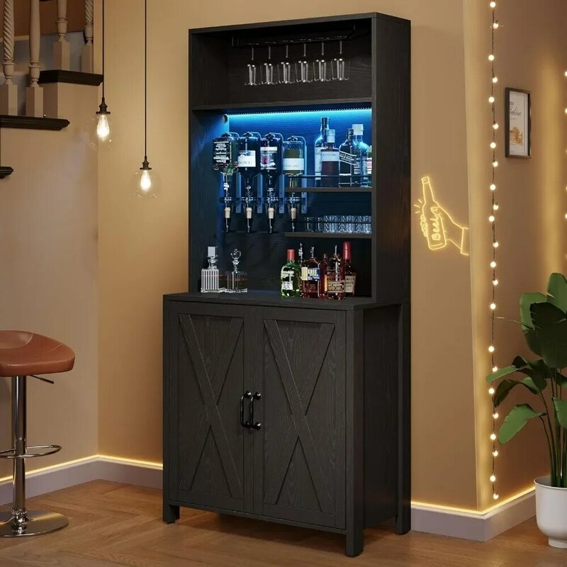 Farmhouse Bar Cabinet w/LED Lights, 71" Tall Wine Bar Cabinet for Liquor & Glasses, Liquor Cabinet w/ 4-Bottle Liquor Dispenser