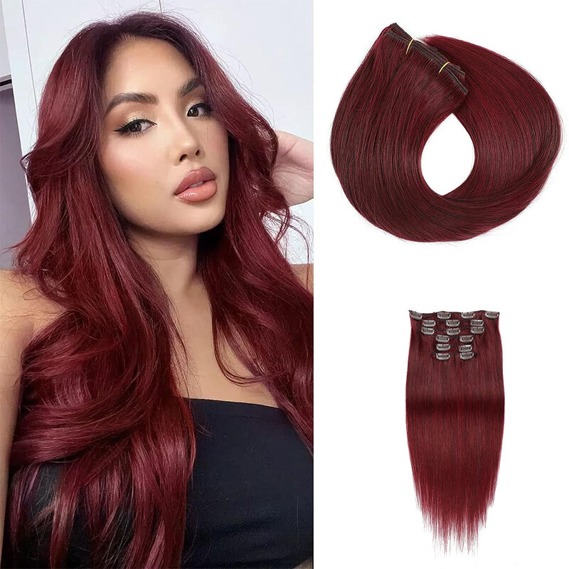 Straight Clip in Hair Extensions Real Human Hair Skin Weft Seamless Clip ins 7PCS Burgundy Color 99J# For Women 22-24 Inch 100g