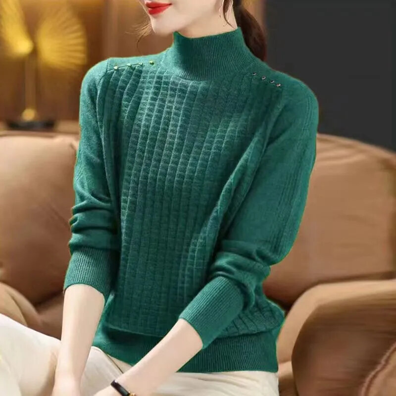 Pulôver solto com pescoço simulado para mulheres, suéteres de malha sólida com listras divididas, suéter casual de escritório, outono e inverno, 2024