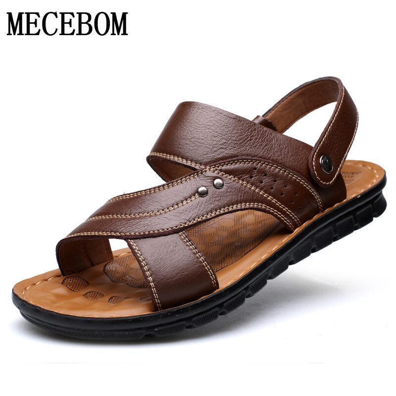 Sandales d'été en cuir véritable pour hommes, pantoufles confortables à enfiler, chaussures de plage marron