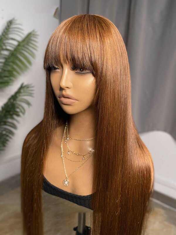 Silky Straight Brown Long 180Density 26“ Soft Glueless Machine Wig with Bangs For Black Women BabyHair Preplucked Heat Resistant