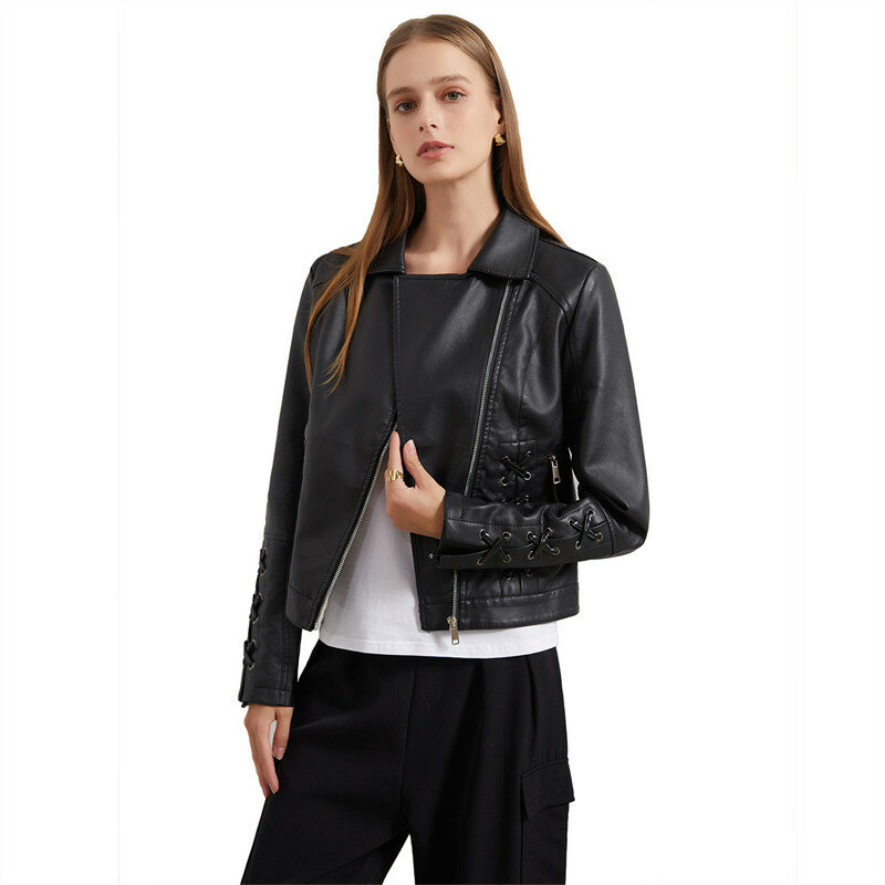 여성용 블랙 가죽 재킷, 레드 모토 바이커 지퍼 재킷, 2023 용수철 코트, 그린 베이지