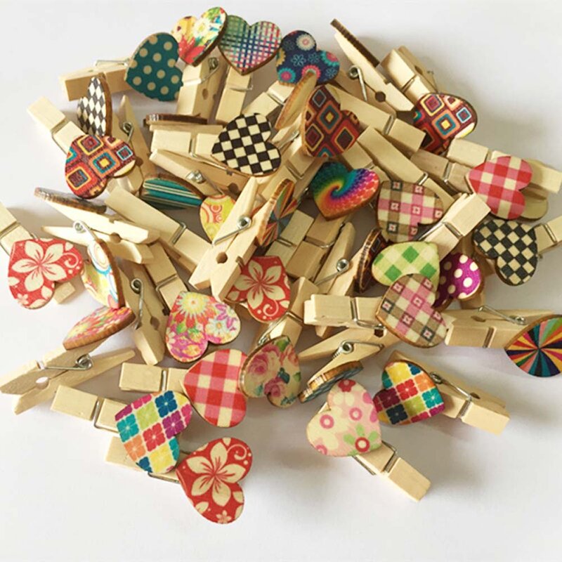 20Pcs/Pack Mini Heart Love Wooden Clothes Photo Clips Paper Peg Pin Clothespin Craft Postcard Clips Home Wedding Decoration