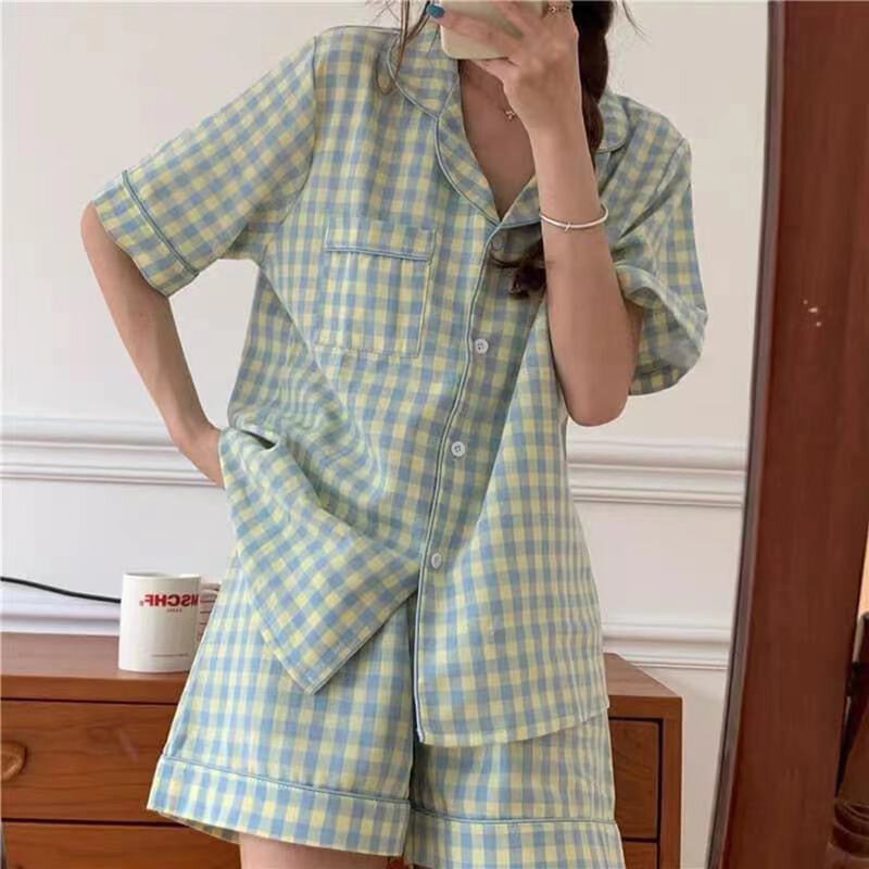 Pijama feminino listrado, shorts estilo coreano, loungewear, conjunto de 2 peças de verão, pijama de noite plissado, terno de casa