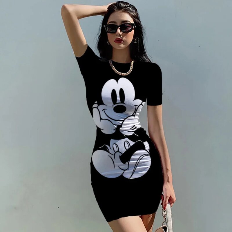 Disney-Vestido Mickey Mouse Feminino, Vestido Elegante Feminino, Decote Em O, Apertado, Fino, Desenhos Animados 3D Print, Mini, Casual, Escritório, Verão