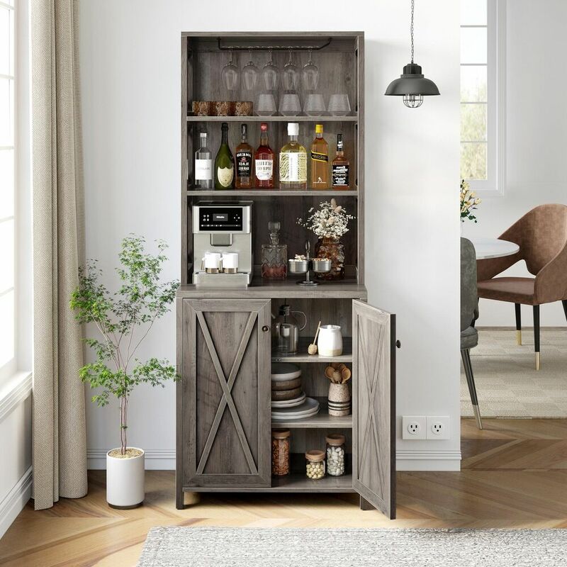 67" Kitchen Pantry Bar Cabinet for Liquor Glass Storage Organizer w/Wine Rack