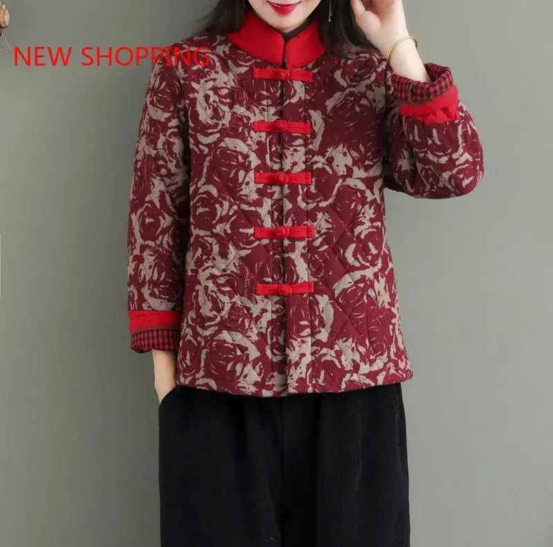 Women Retro Cotton Coat Vintage Ethnic Style Flowers Print Parka Fashion Qipao Tops Elegant Hanfu Winter Parkas Jackets Outwear