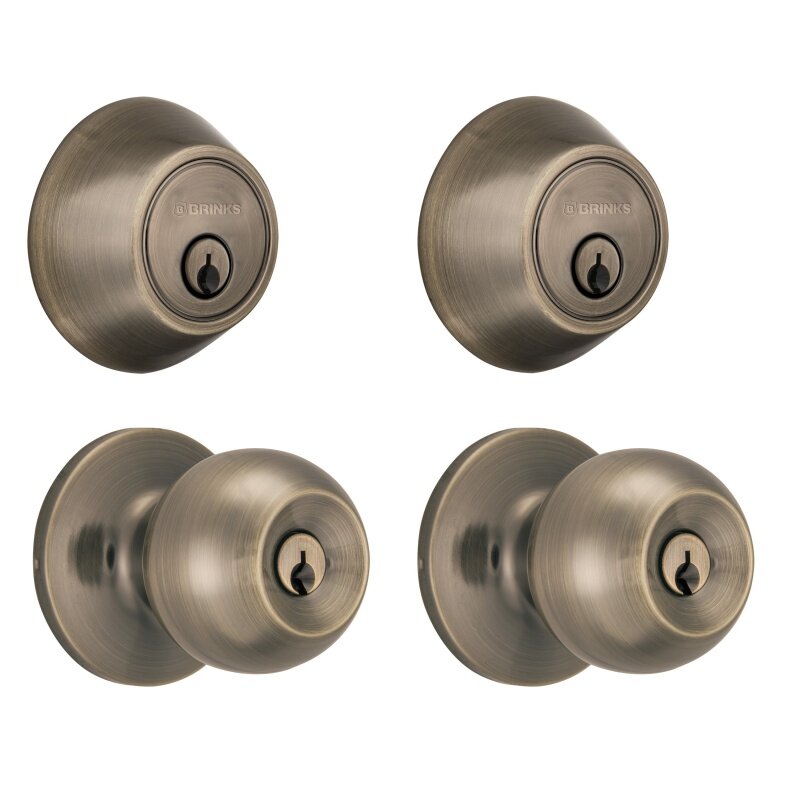 Brinks, Keyed Entry, Ball Style Doorknob and Deadbolt Combo, Antique Brass Finish, Twin Pack