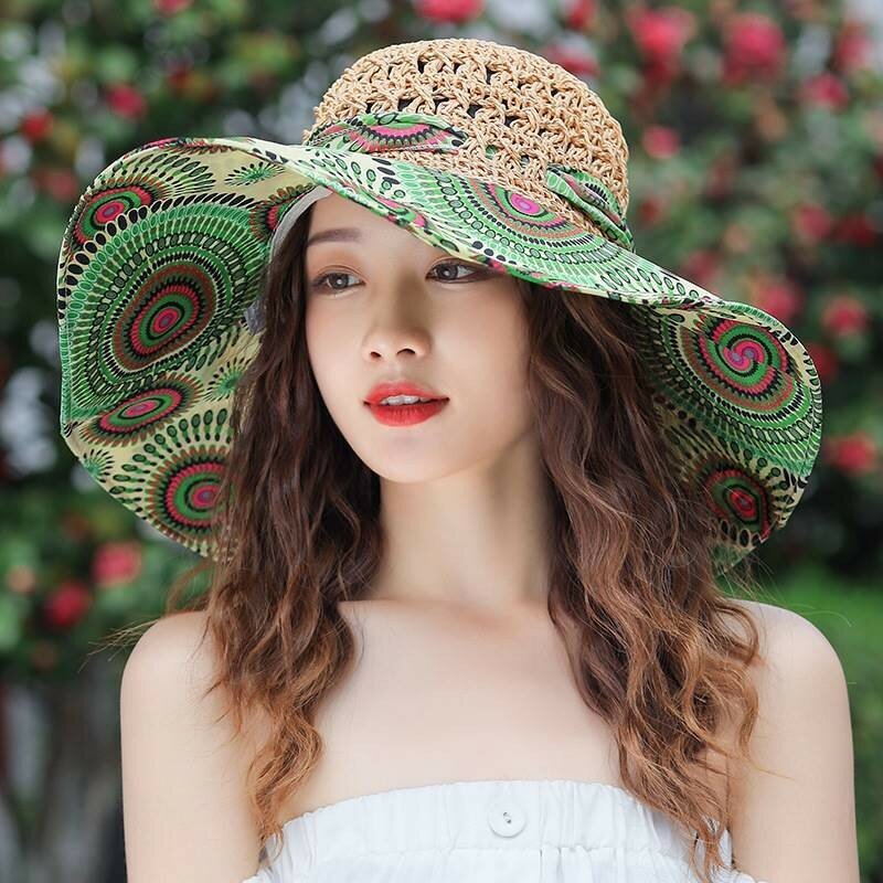 Topi jerami tepi lebar besar wanita topi pantai wanita besar musim panas 2023 perlindungan UV dapat dilipat topi naungan matahari Fashion baru