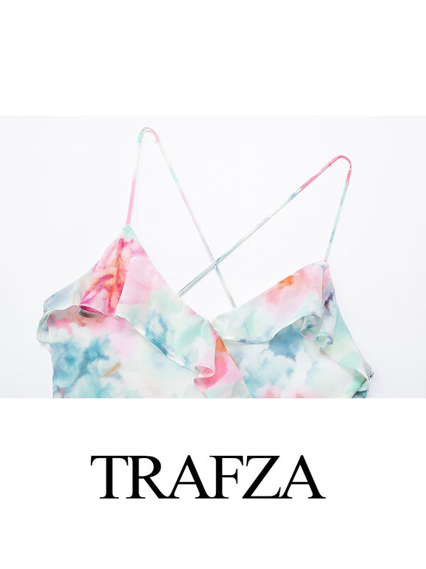 TRAFZA-Chemise à simple boutonnage pour femme, col rabattu, manches longues, nœud, col en V, robe à glissière à plusieurs niveaux, imprimé d'été