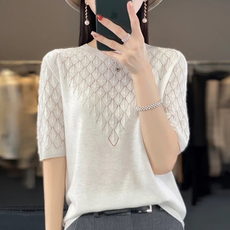 Summer Hollow Ice Silk knitted Short Sleeved T-Shirt Women's Thin Loose Round Neck Pullovers Knitted Sweater Female Jumper Top