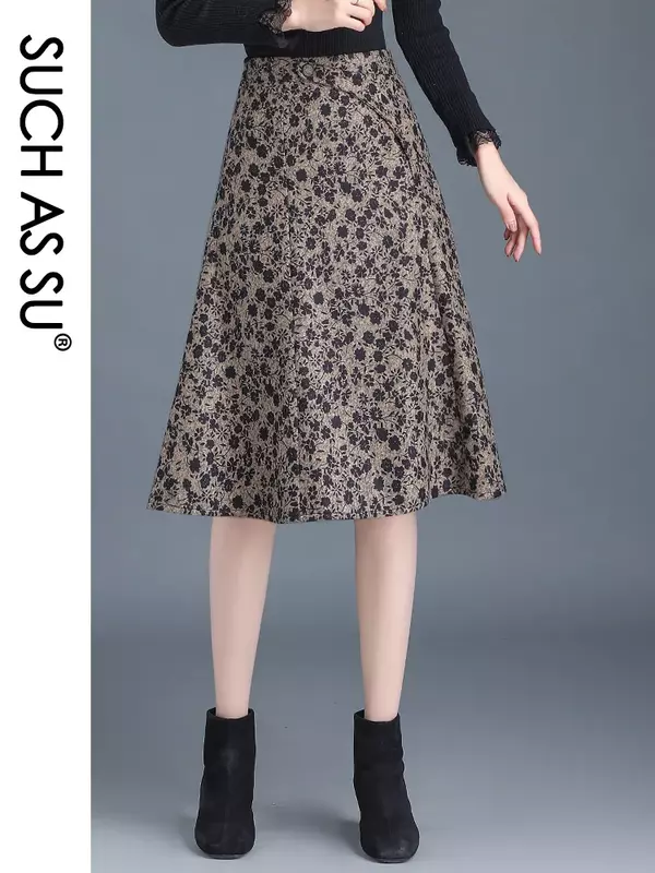 SUCH AS SU New Autumn Winter Wool Print Skirts Womens 2023 Black Khaki High Waist A Line Skirt Midi Pleated Skirt Female