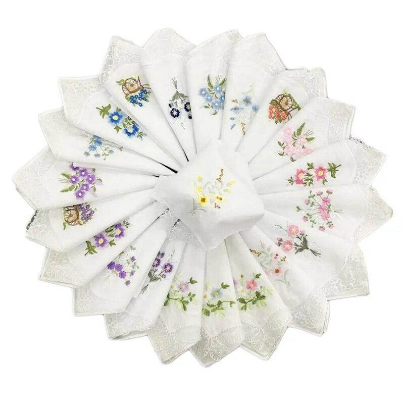 12 Pieces Ladies Floral Embroidery Handkerchief Lace with Lace Butterfly Edge Handkerchief for Wedding Party