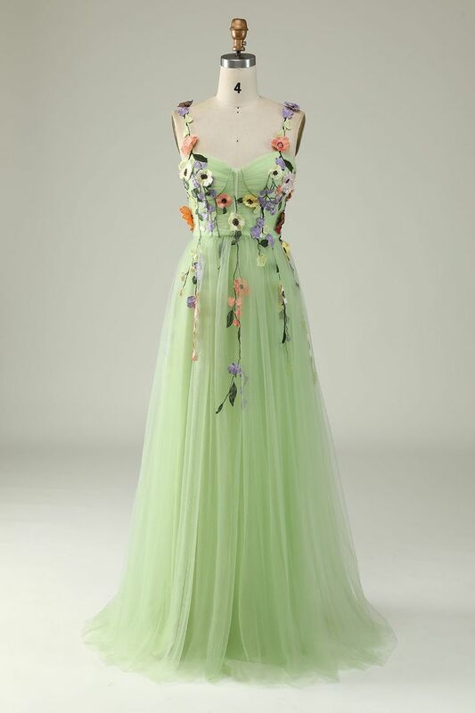 Vestido de baile de cumpleaños para mujer, falda sin tirantes, estilo Pastoral bordado, tirantes de flores verdes, longitud hasta el suelo, sin mangas
