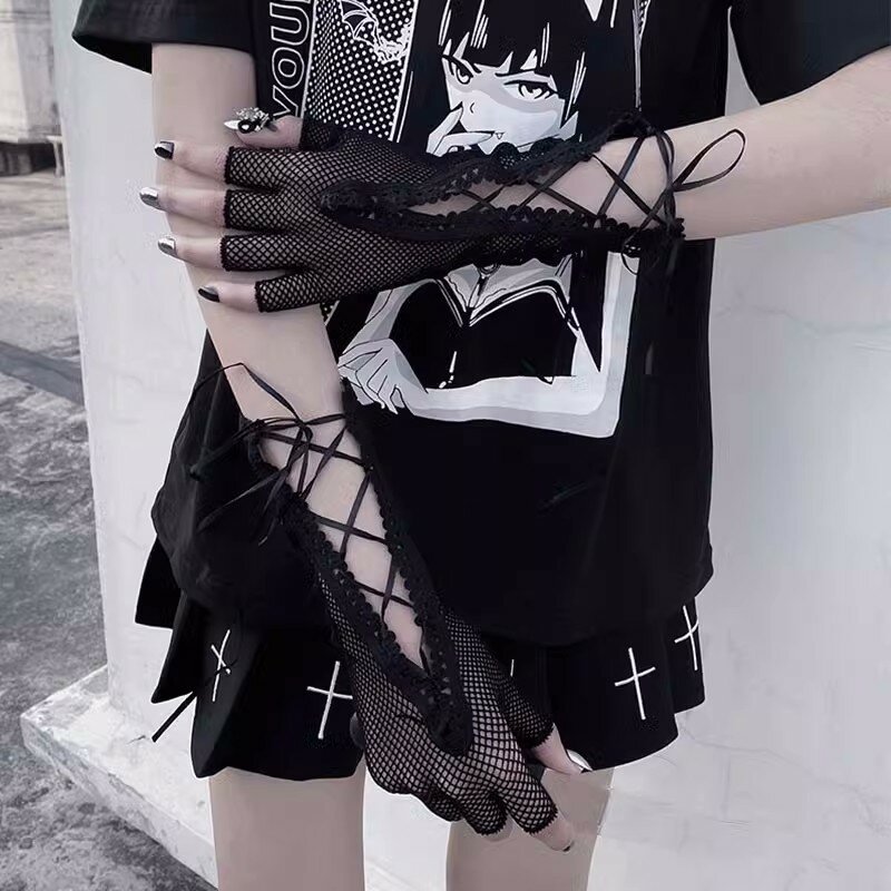 New Gothic Lolita Bandage Fishnet guanti lunghi a mezze dita polsino donna uomo Sexy Mesh Black Punk Outdoor Goth guanti elastici