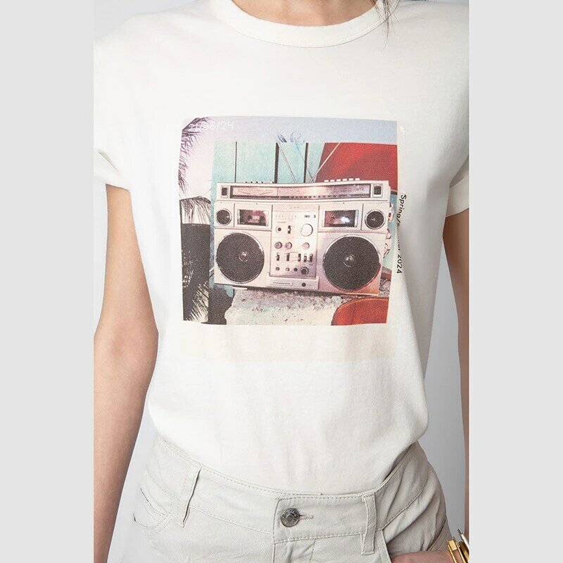 New Arrival French ZV Radio Sound Digital Print Cotton Roll-up Sleeve Women's T-Shirt for Summer