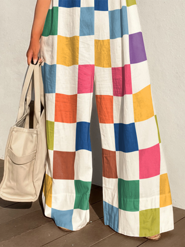 Krismile-Combinaisons à carreaux multicolores pour femmes, pantalons à jambes larges, une pièce trempée, tenues décontractées, été, nouveau, 2024