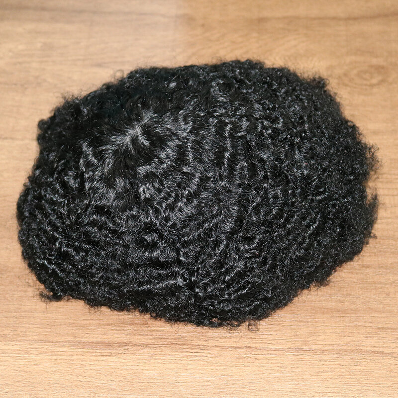 Black Men's Afro 180 Waves Hairstyle Human Hair Toupee Cheap Machine Made Skin Base Gray Hair 10mm Deep Wave Prosthesis Men Wig