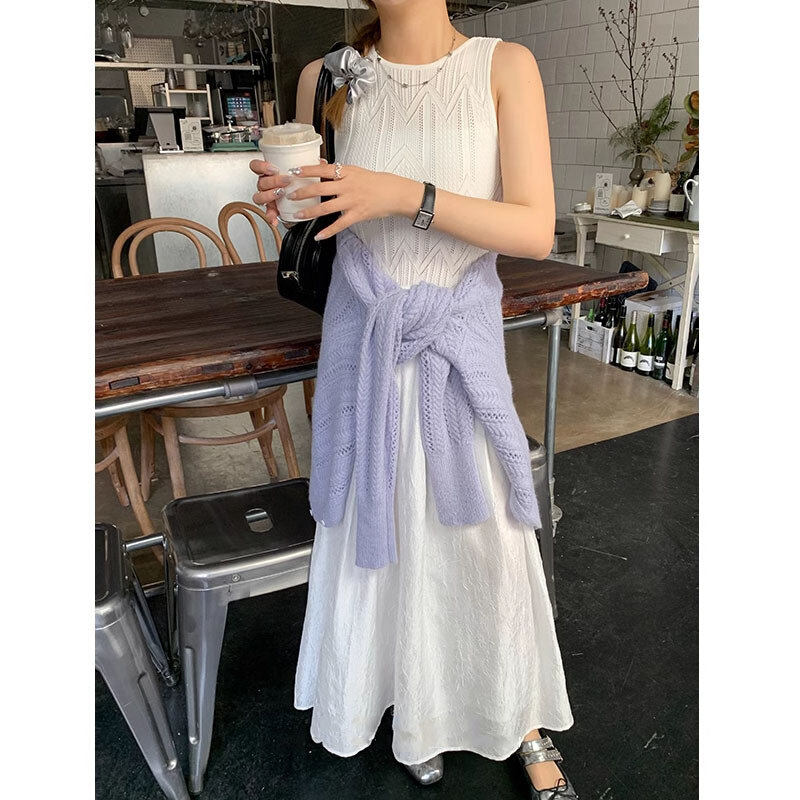 2024 Spring/Summer New White Knitted Sleeveless Dress for Children's Wear Waist Wrapped Short Fragrant Slimming Tank Top Skirt